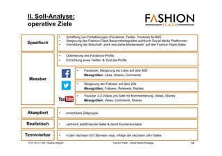 17.07.2013 I IHK I Sophia Wagner Fashion Flash - Social Media Strategie
II. Soll-Analyse:
operative Ziele
• Schaffung von Portallösungen (Facebook, Twitter, Youtube) für B2C
• Steigerung des Fashion-Flash-Bekanntheitsgrades auf/durch Social Media Plattformen
• Vermittlung der Botschaft „stark reduzierte Markenware“ auf den Fashion Flash-Sales
Akzeptiert
Spezifisch
Messbar
Realistisch
Terminierbar
• erreichbare Zielgruppe
• zahlreich stattfindende Sales & damit Kundenkontakte
• in den nächsten fünf Monaten resp. infolge der nächsten zehn Sales
• Optimierung des Facebook-Profils
• Einrichtung eines Twitter- & Youtube-Profils
• Steigerung der Follower auf über 200
Messgrößen: Follower, Retweets, Replies
• Facebook: Steigerung der Likes auf über 600
Messgrößen: Likes, Shares, Comments
• Youtube: 2-3 Videos pro Sale mit Kommentierung, Views, Shares
Messgrößen: Views, Comments, Shares
14
 