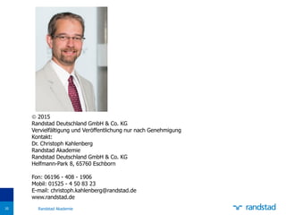 20
 2015
Randstad Deutschland GmbH & Co. KG
Vervielfältigung und Veröffentlichung nur nach Genehmigung
Kontakt:
Dr. Christoph Kahlenberg
Randstad Akademie
Randstad Deutschland GmbH & Co. KG
Helfmann-Park 8, 65760 Eschborn
Fon: 06196 - 408 - 1906
Mobil: 01525 - 4 50 83 23
E-mail: christoph.kahlenberg@randstad.de
www.randstad.de
Randstad Akademie
 