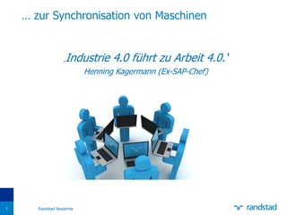 ‚Industrie 4.0 führt zu Arbeit 4.0.‘
Henning Kagermann (Ex-SAP-Chef)
… zur Synchronisation von Maschinen
Randstad Akademie5
 
