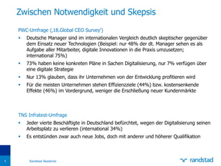 PWC-Umfrage (‚18.Global CEO Survey‘)
 Deutsche Manager sind im internationalen Vergleich deutlich skeptischer gegenüber
dem Einsatz neuer Technologien (Beispiel: nur 48% der dt. Manager sehen es als
Aufgabe aller Mitarbeiter, digitale Innovationen in die Praxis umzusetzen;
international 75%)
 73% haben keine konkreten Pläne in Sachen Digitalisierung, nur 7% verfügen über
eine digitale Strategie
 Nur 13% glauben, dass ihr Unternehmen von der Entwicklung profitieren wird
 Für die meisten Unternehmen stehen Effizienzziele (44%) bzw. kostensenkende
Effekte (46%) im Vordergrund, weniger die Erschließung neuer Kundenmärkte
TNS Infratest-Umfrage
 Jeder vierte Beschäftigte in Deutschland befürchtet, wegen der Digitalisierung seinen
Arbeitsplatz zu verlieren (international 34%)
 Es entstünden zwar auch neue Jobs, doch mit anderer und höherer Qualifikation
Zwischen Notwendigkeit und Skepsis
Randstad Akademie6
 