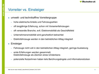 10
www.oeko.de
Vorreiter vs. Einsteiger
● umwelt- und technikaffine Vorreitergruppe
‒ hohe elektrische Anteile und Fahrzeugzahlen
‒ oft langjährige Erfahrung, schon mit Vorserienfahrzeugen
‒ oft verwandte Branche, evtl. Elektromobilität als Geschäftsfeld
‒ Unternehmensmobilität wird ganzheitlich betrachtet
‒ Elektrofahrzeuge werden in den betrieblichen Alltag integriert
● Einsteiger
‒ Fahrzeuge nicht voll in den betrieblichen Alltag integriert, geringe Auslastung
‒ erste Erfahrungen werden gesammelt,
Elektrofahrzeuge als Zeichen eines Umdenkens
‒ potenzielle NutzerInnen haben teils Berührungsängste und Informationslücken
Mehr als ein neuer Antrieb│Lukas Minnich│Schwerin│18.07.2016
 