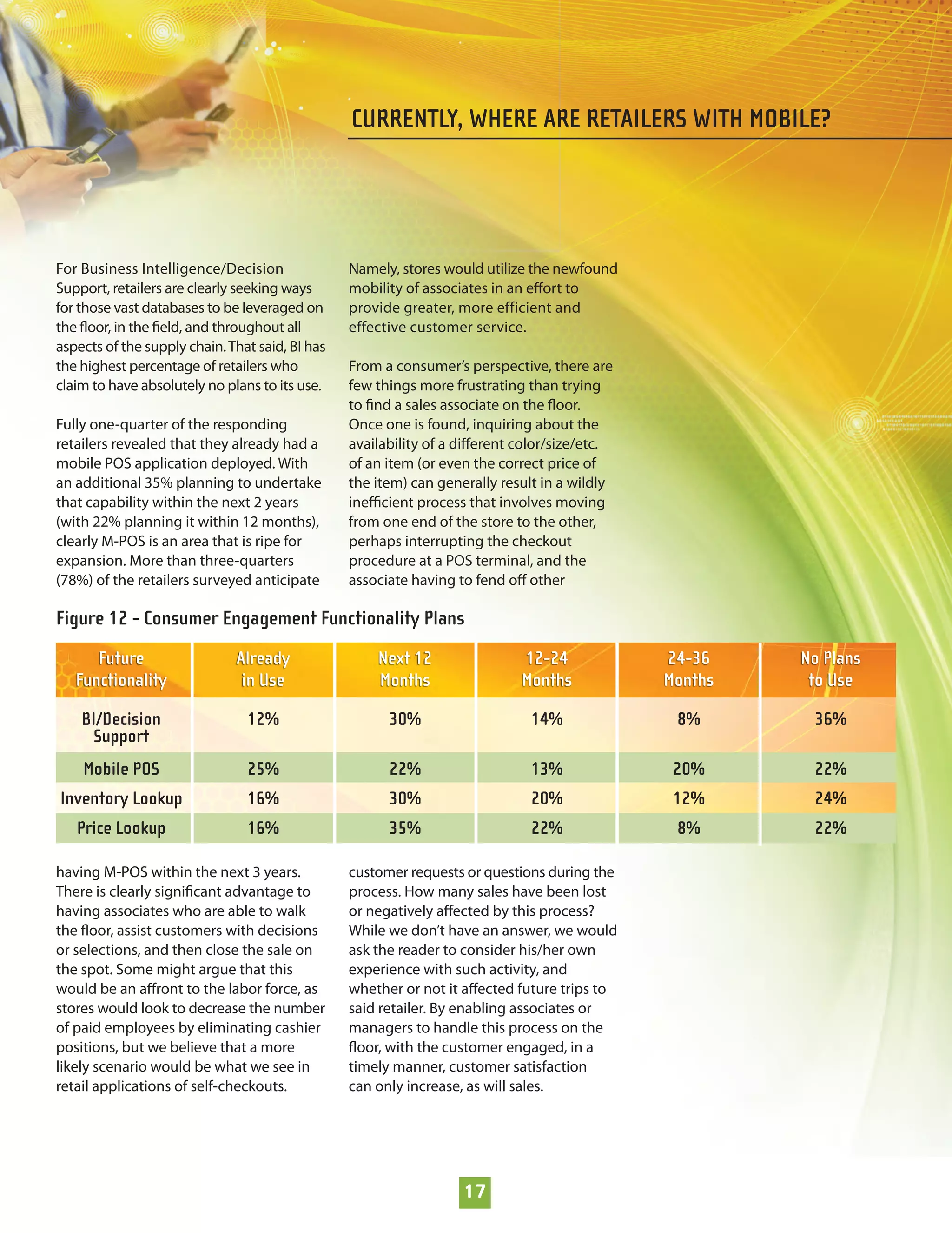 CURRENTLY, WHERE ARE RETAILERS WITH MOBILE?




For Business Intelligence/Decision               Namely, stores would utilize the newfound
Support, retailers are clearly seeking ways      mobility of associates in an eﬀort to
for those vast databases to be leveraged on      provide greater, more efficient and
the ﬂoor, in the ﬁeld, and throughout all        effective customer service.
aspects of the supply chain. That said, BI has
the highest percentage of retailers who          From a consumer’s perspective, there are
claim to have absolutely no plans to its use.    few things more frustrating than trying
                                                 to ﬁnd a sales associate on the ﬂoor.
Fully one-quarter of the responding              Once one is found, inquiring about the
retailers revealed that they already had a       availability of a diﬀerent color/size/etc.
mobile POS application deployed. With            of an item (or even the correct price of
an additional 35% planning to undertake          the item) can generally result in a wildly
that capability within the next 2 years          ineﬃcient process that involves moving
(with 22% planning it within 12 months),         from one end of the store to the other,
clearly M-POS is an area that is ripe for        perhaps interrupting the checkout
expansion. More than three-quarters              procedure at a POS terminal, and the
(78%) of the retailers surveyed anticipate       associate having to fend oﬀ other

Figure 12 - Consumer Engagement Functionality Plans
      Future                  Already                Next 12                12-24             24-36    No Plans
   Functionality               in Use                Months                 Months            Months    to Use

    BI/Decision                 12%                    30%                   14%               8%       36%
      Support
    Mobile POS                  25%                    22%                   13%               20%      22%
Inventory Lookup                16%                    30%                   20%               12%      24%
   Price Lookup                 16%                    35%                   22%               8%       22%

having M-POS within the next 3 years.            customer requests or questions during the
There is clearly signiﬁcant advantage to         process. How many sales have been lost
having associates who are able to walk           or negatively aﬀected by this process?
the ﬂoor, assist customers with decisions        While we don’t have an answer, we would
or selections, and then close the sale on        ask the reader to consider his/her own
the spot. Some might argue that this             experience with such activity, and
would be an aﬀront to the labor force, as        whether or not it aﬀected future trips to
stores would look to decrease the number         said retailer. By enabling associates or
of paid employees by eliminating cashier         managers to handle this process on the
positions, but we believe that a more            ﬂoor, with the customer engaged, in a
likely scenario would be what we see in          timely manner, customer satisfaction
retail applications of self-checkouts.           can only increase, as will sales.




                                                                   17
 