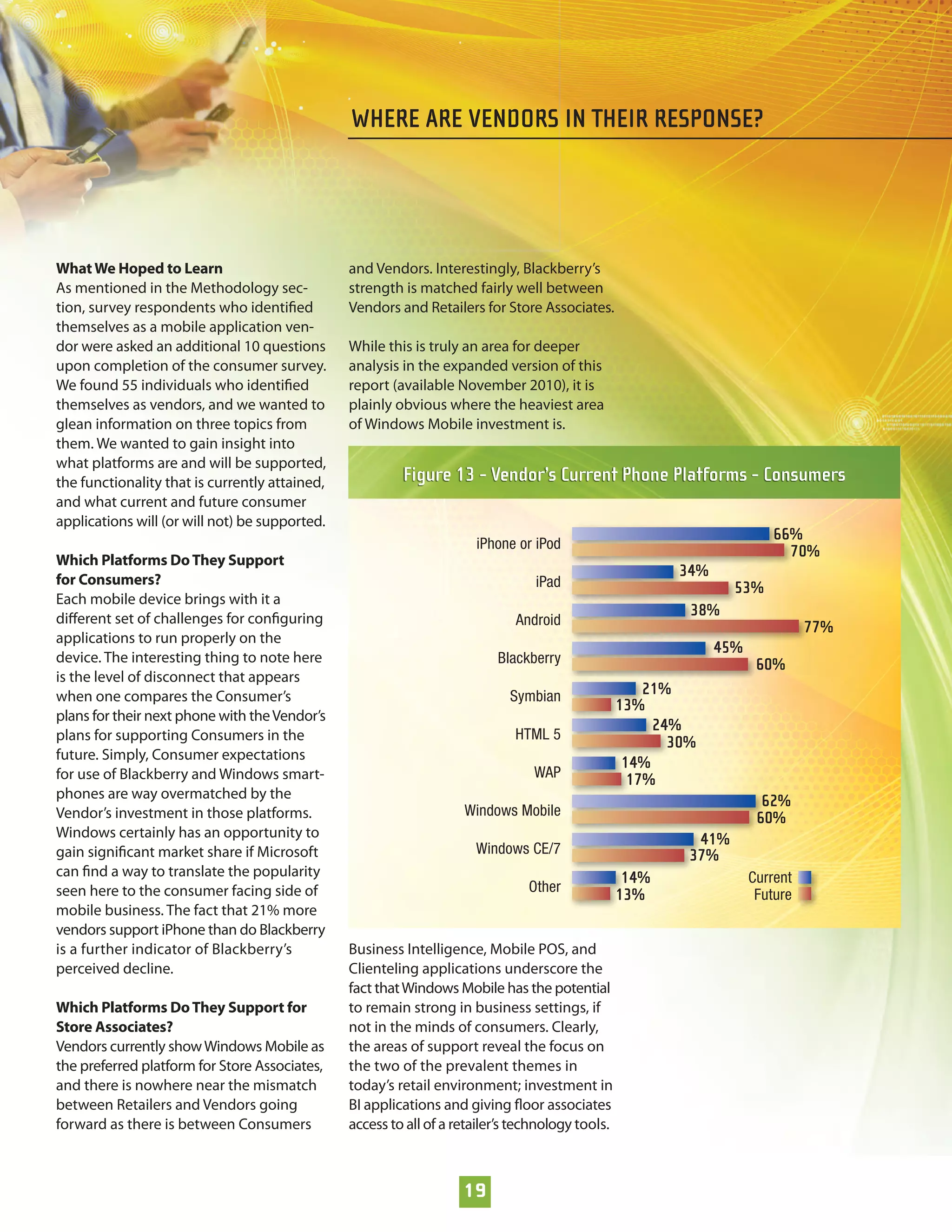 WHERE ARE VENDORS IN THEIR RESPONSE?




What We Hoped to Learn                          and Vendors. Interestingly, Blackberry’s
As mentioned in the Methodology sec-            strength is matched fairly well between
tion, survey respondents who identiﬁed          Vendors and Retailers for Store Associates.
themselves as a mobile application ven-
dor were asked an additional 10 questions       While this is truly an area for deeper
upon completion of the consumer survey.         analysis in the expanded version of this
We found 55 individuals who identiﬁed           report (available November 2010), it is
themselves as vendors, and we wanted to         plainly obvious where the heaviest area
glean information on three topics from          of Windows Mobile investment is.
them. We wanted to gain insight into
what platforms are and will be supported,
the functionality that is currently attained,            Figure 13 - Vendor’s Current Phone Platforms - Consumers
and what current and future consumer
applications will (or will not) be supported.
                                                                                                                         66%
                                                                      iPhone or iPod                                       70%
Which Platforms Do They Support
for Consumers?
                                                                                                         34%
                                                                                 iPad                             53%
Each mobile device brings with it a
diﬀerent set of challenges for conﬁguring
                                                                                                           38%
                                                                             Android                                           77%
applications to run properly on the
                                                                                                               45%
device. The interesting thing to note here                                Blackberry                                  60%
is the level of disconnect that appears
when one compares the Consumer’s                                            Symbian                   21%
                                                                                                  13%
plans for their next phone with the Vendor’s
                                                                                                       24%
plans for supporting Consumers in the                                        HTML 5
                                                                                                         30%
future. Simply, Consumer expectations
                                                                                                   14%
for use of Blackberry and Windows smart-                                         WAP                17%
phones are way overmatched by the                                                                                      62%
Vendor’s investment in those platforms.                             Windows Mobile                                    60%
Windows certainly has an opportunity to                                                                     41%
gain signiﬁcant market share if Microsoft                             Windows CE/7                         37%
can ﬁnd a way to translate the popularity                                                          14%               Current
seen here to the consumer facing side of                                        Other
                                                                                                  13%                 Future
mobile business. The fact that 21% more
vendors support iPhone than do Blackberry
is a further indicator of Blackberry’s          Business Intelligence, Mobile POS, and
perceived decline.                              Clienteling applications underscore the
                                                fact that Windows Mobile has the potential
Which Platforms Do They Support for             to remain strong in business settings, if
Store Associates?                               not in the minds of consumers. Clearly,
Vendors currently show Windows Mobile as        the areas of support reveal the focus on
the preferred platform for Store Associates,    the two of the prevalent themes in
and there is nowhere near the mismatch          today’s retail environment; investment in
between Retailers and Vendors going             BI applications and giving ﬂoor associates
forward as there is between Consumers           access to all of a retailer’s technology tools.



                                                                    19
 