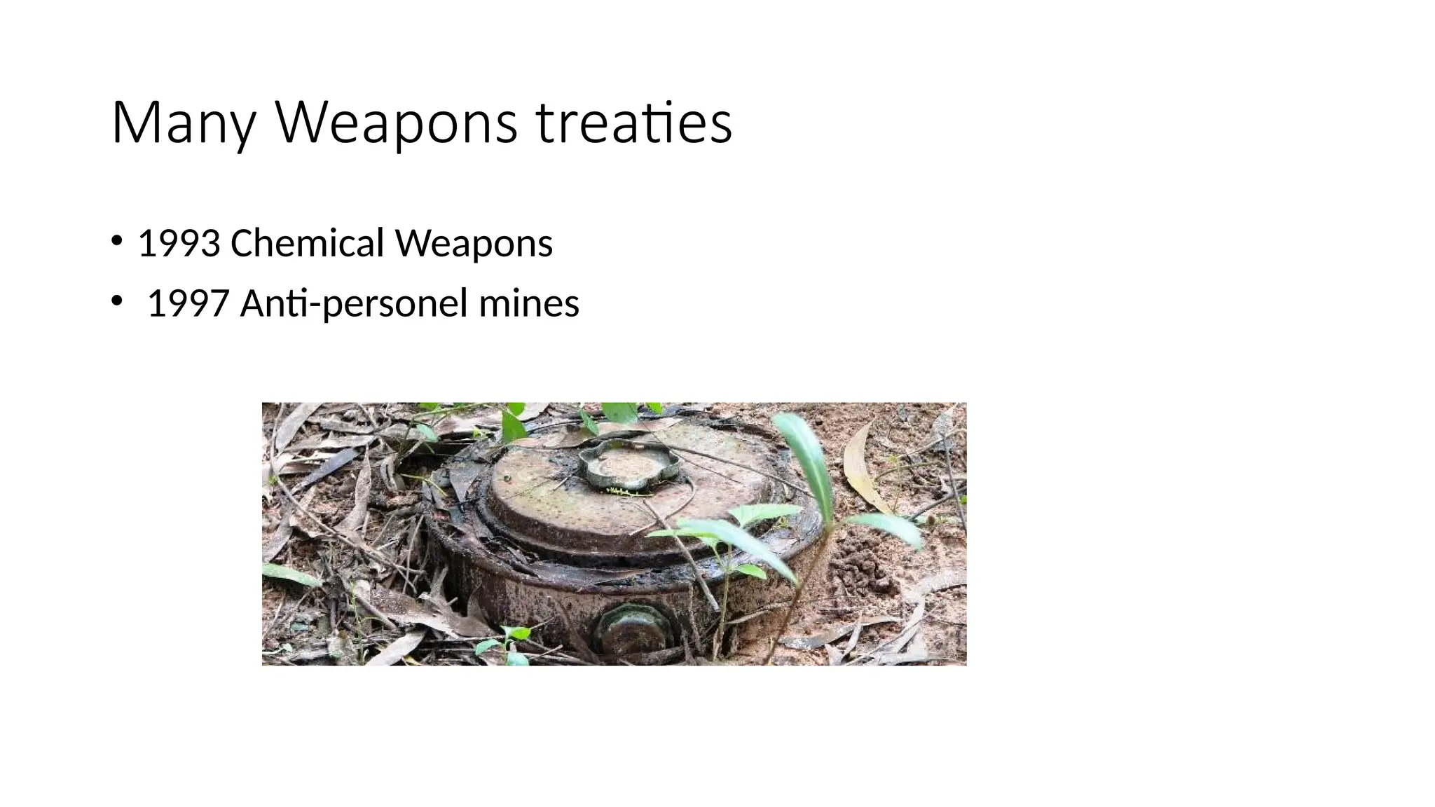 Many Weapons treaties
• 1993 Chemical Weapons
• 1997 Anti-personel mines
 