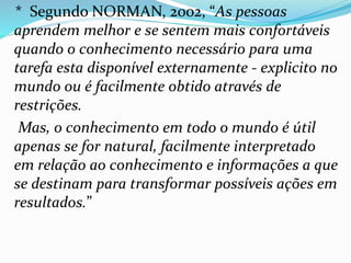 * Segundo NORMAN, 2002, “As pessoas
aprendem melhor e se sentem mais confortáveis
quando o conhecimento necessário para uma
tarefa esta disponível externamente - explicito no
mundo ou é facilmente obtido através de
restrições.
Mas, o conhecimento em todo o mundo é útil
apenas se for natural, facilmente interpretado
em relação ao conhecimento e informações a que
se destinam para transformar possíveis ações em
resultados.”
 