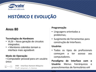 IHM - Interface Homem Máquina
Profª. Janynne L. S. Gomes
40
Anos 80
Tecnologias de Hardware
●
VLSI – Nova geração de circuitos
integrados;
●
• Monitores coloridos tornam a
interface mais agradável.
Modo de Operação
• Computador pessoal para um usuário
único
HISTÓRICO E EVOLUÇÃO
Programação
● Linguagens orientadas a
problemas;
● Surgimento de Ferramentas para
construção de Interfaces.
Usuários
● Todos os tipos de profissionais
começam a ter acesso aos
computadores.
Paradigma de Interface com o
Usuário: Menus hierárquicos e
preenchimentos de formulários em
 