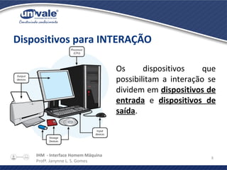 IHM - Interface Homem Máquina
Profª. Janynne L. S. Gomes
8
Dispositivos para INTERAÇÃO
Os dispositivos que
possibilitam a interação se
dividem em dispositivos de
entrada e dispositivos de
saída.
 