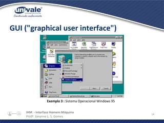 IHM - Interface Homem Máquina
Profª. Janynne L. S. Gomes
14
GUI ("graphical user interface")
Exemplo 3 : Sistema Operacional Windows 95
 