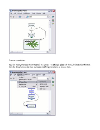 From an open Cmap: 
You can modify the case of selected text in a Cmap. The Change Case sub-menu, located under Format from the Cmap's menu bar, has four case-modifying menu items to choose from.  