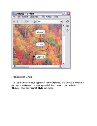 From an open Cmap: 
You can make an image appear in the background of a concept. To give a concept a background image, right-click the concept, then left-click Object... from the Format Style sub-menu.  