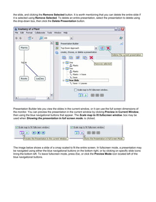 the slide, and clicking the Remove Selected button. It is worth mentioning that you can delete the entire slide if it is selected using Remove Selected. To delete an entire presentation, select the presentation to delete using the drop-down box, then click the Delete Presentation button. 
Presentation Builder lets you view the slides in the current window, or it can use the full screen dimensions of the monitor. You can preview the presentation in the current window by clicking Preview in Current Window, then using the blue navigational buttons that appear. The Scale map to fit fullscreen window. box may be used when Showing the presentation in full screen mode. is clicked. 
The image below shows a slide of a cmap scaled to fit the entire screen. In fullscreen mode, a presentation may be navigated using either the blue navigational buttons on the bottom right, or by clicking on specific slide icons lining the bottom left. To leave fullscreen mode, press Esc, or click the Preview Mode icon located left of the blue navigational buttons.  