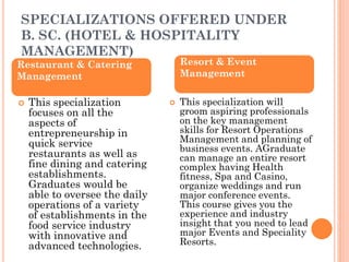 SPECIALIZATIONS OFFERED UNDER
B. SC. (HOTEL & HOSPITALITY
MANAGEMENT)
 This specialization
focuses on all the
aspects of
entrepreneurship in
quick service
restaurants as well as
fine dining and catering
establishments.
Graduates would be
able to oversee the daily
operations of a variety
of establishments in the
food service industry
with innovative and
advanced technologies.
 This specialization will
groom aspiring professionals
on the key management
skills for Resort Operations
Management and planning of
business events. AGraduate
can manage an entire resort
complex having Health
fitness, Spa and Casino,
organize weddings and run
major conference events.
This course gives you the
experience and industry
insight that you need to lead
major Events and Speciality
Resorts.
Restaurant & Catering
Management
Resort & Event
Management
 