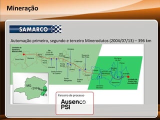 Mineração

Automação primeiro, segundo e terceiro Minerodutos (2004/07/13) – 396 km

Parceiro de processo

 