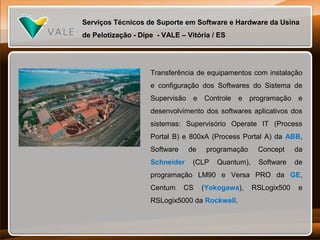 Serviços Técnicos de Suporte em Software e Hardware da Usina
de Pelotização - Dipe - VALE – Vitória / ES

Transferência de equipamentos com instalação
e configuração dos Softwares do Sistema de
Supervisão

e Controle

e

programação

e

desenvolvimento dos softwares aplicativos dos
sistemas: Supervisório Operate IT (Process
Portal B) e 800xA (Process Portal A) da ABB,
Software

de

Schneider

programação

(CLP

Quantum),

Concept

da

Software

de

programação LM90 e Versa PRO da GE,
Centum

CS

(Yokogawa),

RSLogix5000 da Rockwell.

RSLogix500

e

 