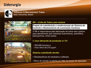 Siderurgia
Vallourec & Mannesmann Tubes
Belo Horizonte, Brasil

RK – Linha de Tubos sem costura
Projeto de substituição e modernização do Sistema de
Controle e Rastreamento da Laminação Contínua
O RK é responsável pela fabricação de tubos sem costura
para atendimento das indústrias automotivas, petrolífera,
petroquímica, entre outras.
A nova demanda de produção do RK:
- 300.000 ton/ano e
- novo ritmo de 210 pçs/h.
Sistema substituído devido:
• Obsolescência do hardware e software.
• Risco de parada na planta por falta de peças de reposição.

 
