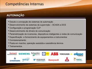 Competências Internas
AUTOMAÇÃO
 Estudo e concepção de sistemas de automação
 Desenvolvimento de sistemas de supervisão – SCADA e DCS
 Configuração e programação CLP
 Desenvolvimento de drivers de comunicação
 Parametrização de inversores, dispositivos inteligentes e redes de comunicação
 Especificação e fornecimento de equipamentos e instrumentos
 Comissionamento
 Posta em marcha, operação assistida e assistência técnica
 Treinamentos

 