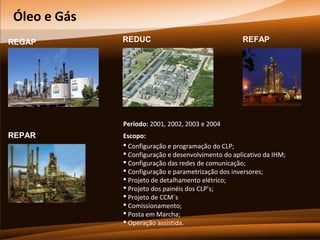 Óleo e Gás
REGAP

REDUC

REFAP

Período: 2001, 2002, 2003 e 2004

REPAR

Escopo:
 Configuração e programação do CLP;
 Configuração e desenvolvimento do aplicativo da IHM;
 Configuração das redes de comunicação;
 Configuração e parametrização dos inversores;
 Projeto de detalhamento elétrico;
 Projeto dos painéis dos CLP’s;
 Projeto de CCM´s
 Comissionamento;
 Posta em Marcha;
 Operação assistida.

 
