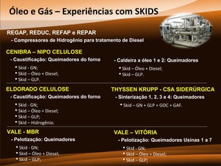 Óleo e Gás – Experiências com SKIDS
REGAP, REDUC, REFAP e REPAR
- Compressores de Hidrogênio para tratamento de Diesel

CENIBRA – NIPO CELULOSE
- Caustificação: Queimadores do forno
 Skid - GN;
 Skid – Óleo + Diesel;
 Skid – GLP.

ELDORADO CELULOSE
- Caustificação: Queimadores do forno
 Skid - GN;
 Skid – Óleo + Diesel;
 Skid – GLP;
 Skid – Hidrogênio.

VALE - MBR
- Pelotização: Queimadores
 Skid - GN;
 Skid – Óleo + Diesel;
 Skid – GLP;

- Caldeira a óleo 1 e 2: Queimadores
 Skid – Óleo + Diesel;
 Skid – GLP.

THYSSEN KRUPP - CSA SIDERÚRGICA
- Sinterização 1, 2, 3 e 4: Queimadores
 Skid – GN + GLP + GOC + GAF.

VALE – VITÓRIA
- Pelotização: Queimadores Usinas 1 a 7
 Skid - GN;
 Skid – Óleo + Diesel;
 Skid – GLP;

 