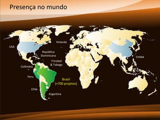 Presença no mundo

Holanda
USA
República
Dominicana
Colômbia
Peru

Trinidad
& Tobago

Brasil
(+700 projetos)

Chile
Argentina

CHINA

 