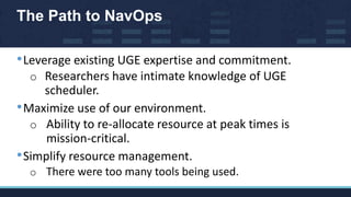 The Path to NavOps
•Leverage existing UGE expertise and commitment.
o Researchers have intimate knowledge of UGE
scheduler...