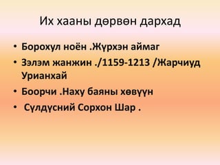 Их хааны дөрвөн дархад
• Борохул ноён .Жүрхэн аймаг
• Зэлэм жанжин ./1159-1213 /Жарчиуд
Урианхай
• Боорчи .Наху баяны хөвүүн
• Сүлдүсний Сорхон Шар .
 