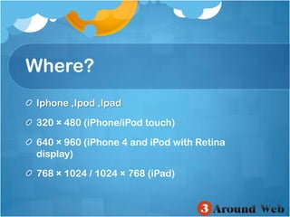 Where?Iphone ,Ipod ,Ipad320 × 480 (iPhone/iPod touch)640 × 960 (iPhone 4 and iPod with Retina display)768 × 1024 / 1024 × 768 (iPad) 