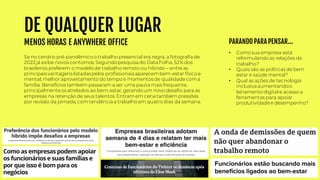 DE QUALQUER LUGAR
MENOS HORAS E ANYWHERE OFFICE
Se no cenário pré-pandêmico o trabalho presencial era regra, a fotografia de
2022 já exibe novos contornos. Segundopesquisa do Data Folha, 52% dos
brasileiros preferem o modelo de trabalho remoto ou híbrido – entre as
principais vantagens listadas pelos profissionais aparecembem-estar físico e
mental, melhor aproveitamento do tempo e momentos de qualidadecoma
família. Benefícios também passaram a ser uma pauta mais frequente,
principalmenteos atrelados ao bem-estar, gerando um novo desafio para as
empresas na retenção de seus talentos. Entramem cena também pressões
por revisão da jornada, com tendência a trabalho em quatro dias da semana.
• Como sua empresa está
reformulando as relações de
trabalho?
• Quais são as políticas de bem
estar e saúde mental?
• Qual as ações de tecnologia
inclusiva aumentandoo
letramento digital e acesso a
ferramentas para apoiar
produtividadee desempenho?
PARANDO PARA PENSAR...
 