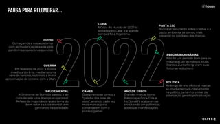 PAUSA PARA RELEMBRAR...
PERDAS BILIONÁRIAS
Não foi um período bom para os
magnatas da tecnologia. Musk,
Bezos e Zuckerberg viram suas
fortunas reduzirem.
PAUTA ESG
Nunca se falou tanto sobre o tema, e a
pauta ambiental se tornou mais
presente no cotidiano das marcas.
SAÚDE MENTAL
A Síndrome de Burnout passou a ser
considerada uma doença ocupacional.
Reflexo da importância que o tema do
bem-estar e saúde mental vem
ganhando na sociedade.
GAMES
O segmento se tornou a
“galinha dos ovos de
ouro”, atraindo cada vez
mais marcas para
conversarem com o
público gamer.
POLÍTICA
Ao longo do ano eleitoral marcas
se envolveram voluntariamente
na política, tamanho o nível de
polarização gerado pela situação.
COVID
Começamos a nos acostumar
com as mudanças deixadas pela
pandemia e suas consequências
COPA
A Copa do Mundo de 2022 foi
sediada pelo Catar e a grande
campeã foi a Argentina.
GUERRA
Em fevereiro de 2022, a Rússia
invadiu a Ucrânia, mediante uma
série de tensões, incluindo a maior
aproximação da Ucrânia com a Otan.
ANO DE ERROS
Grandes marcas como
Balenciaga, Coca-Cola e
McDonald’s acabaram se
envolvendo em polêmicas
após suas manifestações.
 
