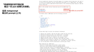 「根據客服的逐字稿紀錄
輸出
一
份 json 結構化的摘要」
這是 metaprompt
輸出的 prompt (上半)
 