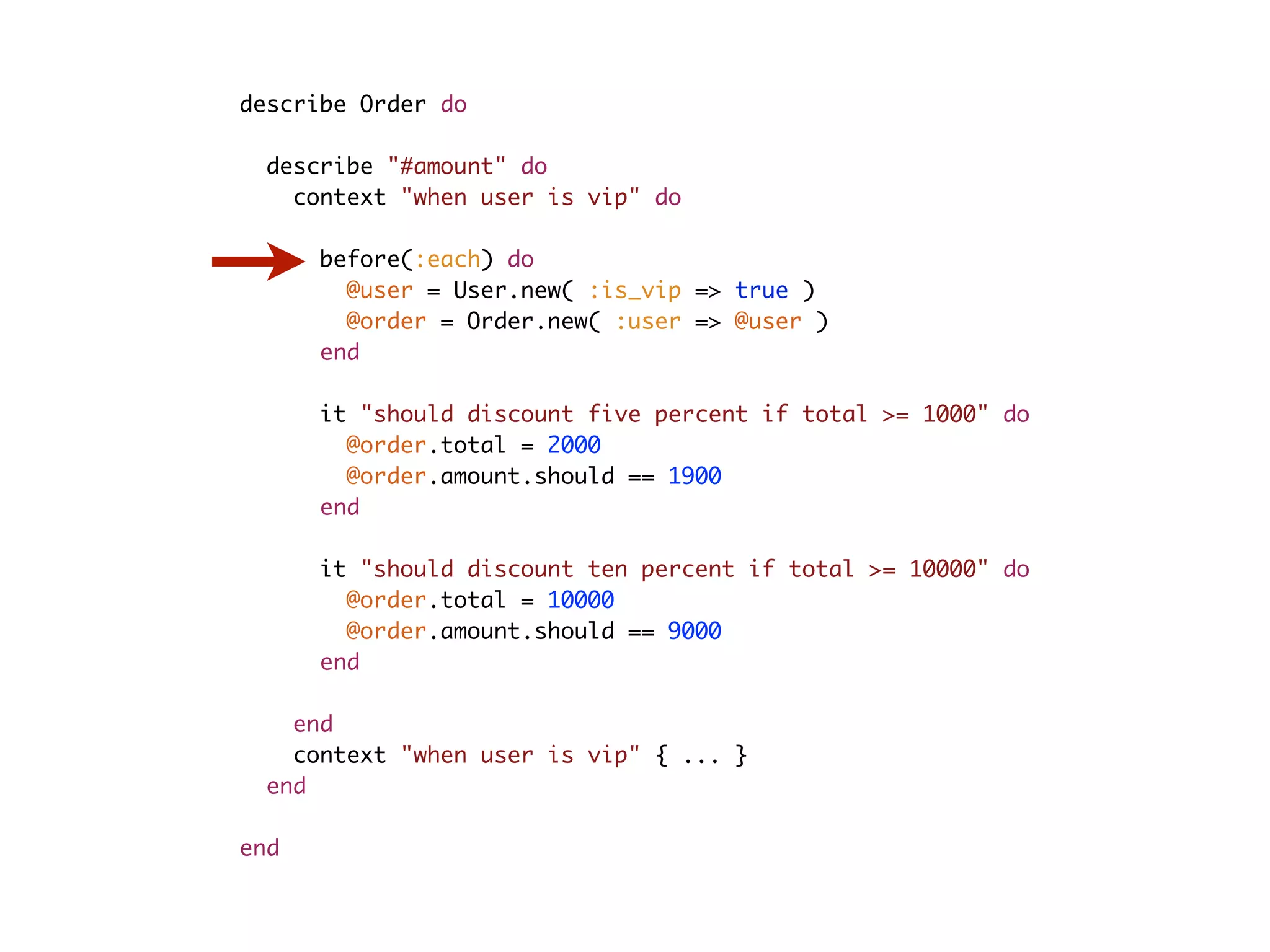 describe Order do describe "#amount" do context "when user is vip" do before(:each) do @user = User.new( :is_vip => true ) @order = Order.new( :user => @user ) end it "should discount five percent if total >= 1000" do @order.total = 2000 @order.amount.should == 1900 end it "should discount ten percent if total >= 10000" do @order.total = 10000 @order.amount.should == 9000 end end context "when user is vip" { ... } end end 