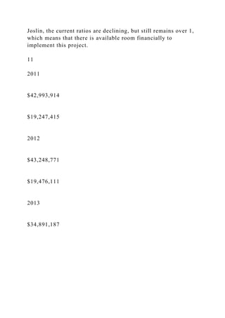 Joslin, the current ratios are declining, but still remains over 1,
which means that there is available room financially to
implement this project.
11
2011
$42,993,914
$19,247,415
2012
$43,248,771
$19,476,111
2013
$34,891,187
 