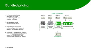 Bundled pricing
• IHPA prices public hospital
services on an ‘activity
based funding’ (ABF) basis
wherever practicable.
• ABF separately prices
discrete episodes of care.
• Public hospitals may receive
multiple ABF payments for a single
patient in the course of their care.
• In contrast, a bundled pricing approach
involves a single price per patient which
reflects the average cost of care
across multiple episodes and settings.
11 www.ihpa.gov.au
 