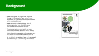 Background
• IHPA consults with the public on its proposals
through the Consultation Paper on the Pricing
Framework for Australian Public Hospital Services
which is released in June.
• IHPA canvassed bundled pricing in 2015-16,
proposing bundled price weights for some
non-admitted chronic disease services.
• This involved setting a price weight for these
services equivalent to 28 days of service delivery.
• IHPA received strong support and the weights were
included in the National Efficient Price 2015-16.
• In the 2016-17 Consultation Paper, IHPA canvassed
bundled pricing for a broader range of conditions.
14 www.ihpa.gov.au
 