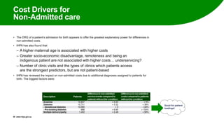 Cost Drivers for
Non-Admitted care
• The DRG of a patient’s admission for birth appears to offer the greatest explanatory power for differences in
non-admitted costs.
• IHPA has also found that:
‒ A higher maternal age is associated with higher costs
‒ Greater socio-economic disadvantage, remoteness and being an
indigenous patient are not associated with higher costs… underservicing?
‒ Number of clinic visits and the types of clinics which patients access
are the strongest predictors, but are not patient-based
• IHPA has reviewed the impact on non-admitted costs due to additional diagnoses assigned to patients for
birth. The biggest factors were:
20 www.ihpa.gov.au
Good for patient
loadings!
 