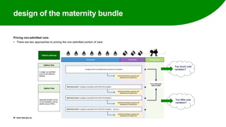 design of the maternity bundle
Pricing non-admitted care:
• There are two approaches to pricing the non-admitted portion of care:
26 www.ihpa.gov.au
Too much cost
variation?
Too little cost
variation?
 