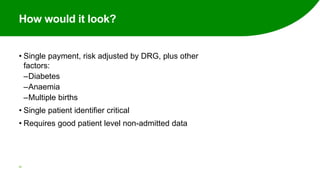 How would it look?
• Single payment, risk adjusted by DRG, plus other
factors:
‒Diabetes
‒Anaemia
‒Multiple births
• Single patient identifier critical
• Requires good patient level non-admitted data
30
 
