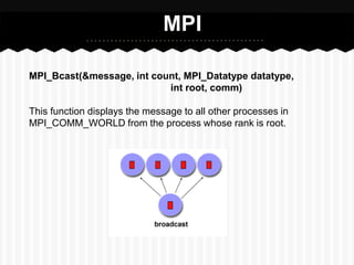 MPI

MPI_Bcast(&message, int count, MPI_Datatype datatype,
                           int root, comm)

This function displays the message to all other processes in
MPI_COMM_WORLD from the process whose rank is root.
 
