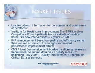MARKET ISSUES

     Leapfrog Group information for consumers and purchasers
     of healthcare
     Institute for Healthcare Improvement The 5 Million Lives
     Campaign – Protect patients from incidents of medical
     harm, six new interventions – 2 years --12/08
     P4P reimbursement based on quality and efficiency rather
     than volume of service. Encourages and reward
     performance improvement efforts
     CMS / Joint Commission limit burden by aligning measures
     Requirement to submit data on 21 quality measures
     beginning 3Q 2006 – Quality Improvement Organization
     Clinical Data Warehouse
                         WPM Enterprise – Confidential
12                             978.500.9666
 