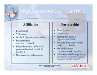 PHYSICAN GROUPS & HOSPITALS

           Affiliation                                     Partnership
     Less formal                                    More formal
     Voluntary                                      Contractual
     Goals & objectives may differ                  Partnership goals &
                                                    objectives defined
     Indeterminate
     duration…unstable                              Definite duration or notice
                                                    period . . . . Stable
     Dependent upon unilaterally
     perceived mutual benefit &                     Defined bilateral
     goodwill                                       contributions & benefits
     Non-economic relationship                      Often financial linkage (equity
                                                    distributions, payment for services,
                                                    incentives, gainsharing, etc.)


                           WPM Enterprise – Confidential
36                               978.500.9666
 