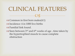 
 Common in first born males(4:1)
 Incidence: 4 in 1000 live births
 Familial link found.
 Seen between 3rd and 6th weeks of age , time taken by
the hypertrophied muscle to cause complete
obstruction
CLINICAL FEATURES
 