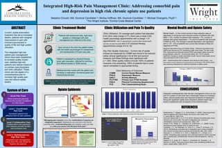 Current, opiate prescription
treatment has led to increased
deaths, patients with marginal
improvement in pain with
minimal improvement in
quality of life and high system
utilization.
The integrated high-risk
patient pain management
clinics have been established
to increase quality of pain
care, stabilize high-risk
patients and reduce impact of
on primary care physicians
and clinic utilization. These
clinics are one aspect of a
comprehensive plan to
increase high quality pain
care and reduce opiate
deaths.
Integrated High-Risk Pain Management Clinic: Addressing comorbid pain
and depression in high risk chronic opiate use patients
Natasha Choudri, MA, Doctoral Candidate1,2; Morley Hoffman, MA, Doctoral Candidate 1,2; Michael Changaris, PsyD1,2
1The Wright Institute, 2Contra Costa Medical Center
Clinic Utilization: On average each patient had attended
8.44 clinic visits (range 3-17), there was a mean 5.63
health psychology appointments with a (range 1-31
appointments *note 31 appointments included other mental health
services not pain focused) and 3.37 physical therapy
appointments (range of 0 to 15).
Key Pain Quality Outcomes – Current risk of opiate
misuse as measured by COMM was found to be reduced
below clinical significance (>9) at first and second
measure and these findings were significant with
p = .000. Other quality metrics include 100% of patients
received u-tox screening, 100% of patients had a cures
report completed in appropriate timing.
Clinic Measures of Outcomes
COMM Current Opiate Misuse Measure
PHQ-9 Depression Measure
GAD-7 Anxiety Measure
PC-PTSD Primary Care PTSD Screener
FAQ-5 Physical Functioning Questionnaire
PCS Pain Catastrophizing Scale
Mental Health – In this current period of data collection rates of
depression in all groups were reduced number of patients with mild
MDD < 10%, number of patients with moderate < 7%, number of
patients with severe depression < 7% and # of patients with all levels
of MDD by 23%. The change in sample depression was significant
with p =.01. 37% of patients had a score that indicates a likely full
diagnosis of PTSD.
Morphine Equivalent Dose and Opiate Safety – Morphine equivalent dose
(MED) was reduced by 57% indicating a safer dose range. The pain scale
Pain, Enjoyment and General Activity (PEG) was largely stable across the
group between initial (M = 23) and post testing (M = 22.07) despite
significant changes in opiate prescription levels. Narcan nasal opiate rescue
was prescribed to 40% of this cohort.
MAT – Buprenorphine 40% of patients were taking at chart review, (* Note
some patients received methadone and buprenorphine for pain treatment), 3% of this cohort
was receiving methadone for addiction treatment in offsite center.
Integrated multidisciplinary high risk pain management clinics as one
part of a system of care have had a meaningful impact on increased
safety, reduced opiate dose and improved symptoms of depression.
Along with significant opiate dose reductions patients report high
levels of satisfaction with all aspects of the treatment team.
Clinic Treatment Model
Opiate Epidemic
Bodenheimer, T., Wagner, E. H., & Grumbach, K. (2002). Improving primary
care for patients with chronic illness: the chronic care model, Part
2. Jama,288(15), 1909-1914.
Carri-Ann Gibson MD, D. A. A. P. M. (2012). Review of posttraumatic stress
disorder and chronic pain: The path to integrated care. Journal of
rehabilitation research and development, 49(5), 753.
Krause, K. M., Pollak, K. I., Gradison, M., & Michener, J. L. (2009). Family
physicians as team leaders:“time” to share the care.
Lambeek, L. C., van Mechelen, W., Knol, D. L., Loisel, P., & Anema, J. R.
(2010). Randomised controlled trial of integrated care to reduce disability
from chronic low back pain in working and private life. Bmj, 340, c1035.
Sherman, K. J., Cherkin, D. C., Erro, J., Miglioretti, D. L., & Deyo, R. A.
(2005). Comparing yoga, exercise, and a self-care book for chronic low back
pain: a randomized, controlled trial. Annals of Internal Medicine, 143(12),
849-856.
Wagner, E. H., Austin, B. T., Davis, C., Hindmarsh, M., Schaefer, J., &
Bonomi, A. (2001). Improving chronic illness care: translating evidence into
action. Health affairs, 20(6), 64-78.
CONCLUSIONS
Mental Health and Opiate SafetyClinic Utilization and Pain Tx Quality
REFERENCES
Chart 2. Current Opiate Misuse Risk
> 9 is Low Risk of Misuse,
Sig. t-test P = .000
Chart 3. Morphine Equivalent Dose >60%
Clinical Impact sig t-test P = .02
Chart 1. Patient satisfaction with treatment provided (40 data points)
ABSTRACT
Upon arrival in the clinic the patient meets
with the health psychologist for assessment
and development of 5 part care plan.
Patients with behavioral risks, high-dose
opiates or challenges with pain
management are referred to the clinic.
Patient is assessed by physical therapy,
given pain education, referred for services
and offered access to TENS device.
Medical provider meets with the patient and
develops a medication, functional goals and
biopsychosocial plan.
4.83 4.75
4.90 4.80 4.89
4.70 4.65
4.90 4.95 4.92
0.00
0.50
1.00
1.50
2.00
2.50
3.00
3.50
4.00
4.50
5.00
Wait time? Your needs
met?
Physician
Care?
Physical
Therapist
Care?
Health
Psychology
Care?
Information
about
condition?
Pain
management
program?
How did staff
treat you?
Nursing staff? Your
appointment
today?
Patient Satisfaction
99.80
42.22
MORPHINE
EQUIVILANT DOSE 1
MORPHINE
EQUIVILANT DOSE 2
Morphine Equivalent
Dose
10.96
6.50
0.00
2.00
4.00
6.00
8.00
10.00
12.00
1 2
Current Opiate Misuse
Risk: COMM Score“Managing pain requires more then medications it requires an
integrative approach. Medications are one tool in the tool kit.
Learning skills, understanding pain and building a plan can help
you take your power and life back from pain.”
Level 2 Collaborative Care
Collaborative care approach
that reduces provider burden
and increases care
System of Care
Patients are seen in the clinic until stable and then they return to
primary care provider for medication management.
Level 3 Multidisciplinary
High Risk Team
Integrated pain management
using share the care model for
highest risk patients
Level I - Coordinated
Pain Care
Increased support and
effective care for pain patients
Acute Pain Track
Early treatment planning
reduces the number of patients
on risky doses
1
2
3
4
MDD All PHQ-9 > 10 MDD Mild (10-15) MDD Moderate (15-20)
MDD Severe
(20+)
PHQ-9 Pre 60% 40% 20% 7%
PHQ-9 Post 37% 30% 13% 0%
60%
40%
20%
7%
37%
30%
13% 0%
PercentofPatientswithMDD
Change in MDD Pre/Post PHQ-9
 