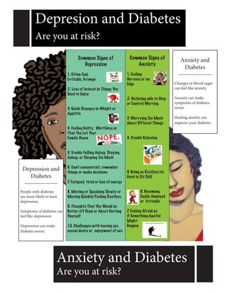 Anxiety and Diabetes
Are you at risk?
Depresion and Diabetes
Are you at risk?
Common Signs of
Depression
1. Often Sad,
Irritable, Grumpy
2. Loss of Inteest in Things You
Used to Enjoy
3. Quick Changes in Weight or
Appitite
4. Feeling Guilty, Worthless or
That You Let Your
Family Down
5. Trouble Falling Asleep, Staying
Asleep, or Sleeping Too Much
6. Can’t consentrait, remember
things or make decisions
7. Fatigued, tired or loss of energy
8. Moving or Speaking Slowly or
Moving Quickly/Feeling Restless
9. Thoughts That You Would be
Better off Dead or About Hurting
Yourself
10. Challenges with having sex,
sexual desire or enjoyment of sex.
Common Signs of
Anxiety
1. Feeling
Nervous or on
Edge
2. Notbeing able to Stop
or Control Worring
3. Worrying Too Much
About Differnt Things
4. Trouble Relaxing
5. Being so Restless its
Hard to Sit Still
6. Becoming
Easily Annoyed
or Irritable
7. Feeling Afraid as
if Something Aweful
Might
Happen
Depression and
Diabetes
_______________
People with diabetes
are more likely to have
depression.
Symptoms of diabetes can
feel like depression
Depression can make
diabetes worse.
Anxiety and
Diabetes
_______________
Changes in blood sugar
can feel like anxiety.
Anxiety can make
symptoms of diabetes
worse
Healing anxiety can
improve your diabetes
 