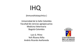 IHQ 
(Inmunohistoquímica ) 
Universidad de la Salle Colombia 
Facultad de ciencias agropecuarias 
Medicina Veterinaria 
Bogotá-Colombia 
Luis G. Pérez 
Yeili Álvarez Niño 
Andrés Ricardo Avellaneda 
 