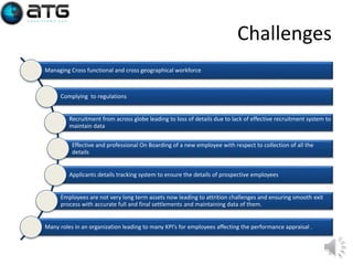 Challenges
Managing Cross functional and cross geographical workforce

Complying to regulations

Recruitment from across globe leading to loss of details due to lack of effective recruitment system to
maintain data
Effective and professional On Boarding of a new employee with respect to collection of all the
details

Applicants details tracking system to ensure the details of prospective employees

Employees are not very long term assets now leading to attrition challenges and ensuring smooth exit
process with accurate full and final settlements and maintaining data of them.

Many roles in an organization leading to many KPI’s for employees affecting the performance appraisal .

5

 