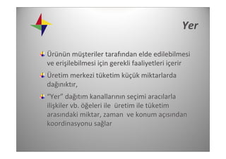 Yer

Ürünün müşteriler tarafından elde edilebilmesi 
ve erişilebilmesi için gerekli faaliyetleri içerir 
Üretim merkezi tüketim küçük miktarlarda  
dağınıktır,
“Yer” dağıtım kanallarının seçimi aracılarla 
ilişkiler vb. öğeleri ile  üretim ile tüketim 
arasındaki miktar, zaman  ve konum açısından 
koordinasyonu sağlar 
 