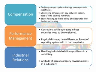 8
• Devising an appropriate strategy to compensate
expatriates
• Minimising difference in pay between parent,
host & third country nationals
• Issues relating to the re-entry of expatriates into
the home country
Compensation
• Constraints while operating in host
countries need to be considered.
• Physical distance, time differences & cost of
reporting system add to the complexity.
Performance
Management
• Handling industrial relations problems in a
subsidiary.
• Attitude of parent company towards unions
in a subsidiary
Industrial
Relations
 