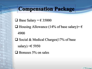  Base Salary = € 35000 
 Housing Allowance (14% of base salary)= € 
4900 
 Social & Medical Charges(17% of base 
salary) =€ 5950 
 Bonuses 5% on sales 
 