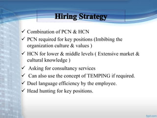  Combination of PCN & HCN 
 PCN required for key positions (Imbibing the 
organization culture & values ) 
 HCN for lower & middle levels ( Extensive market & 
cultural knowledge ) 
 Asking for consultancy services 
 Can also use the concept of TEMPING if required. 
 Duel language efficiency by the employee. 
 Head hunting for key positions. 
 