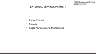 EXTERNAL ENVIRONMENTS: 1
• Labor Market
• Unions
• Legal Mandates and Prohibitions
 
