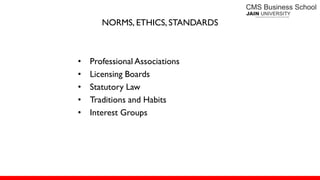NORMS, ETHICS, STANDARDS
• Professional Associations
• Licensing Boards
• Statutory Law
• Traditions and Habits
• Interest Groups
 